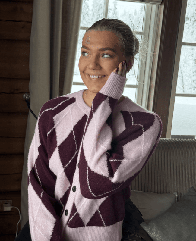 Cardigan Yasjohi LS Wool Blend Pale Lilac Fig + Pristine Harlequin YAS